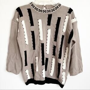 Vintage 80s Geometric Beaded Black White Gray Sweater